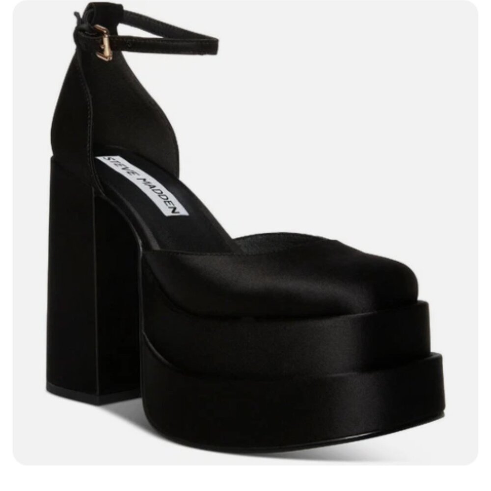 Steve Madden Black Satin Platform Block Heel Pumps